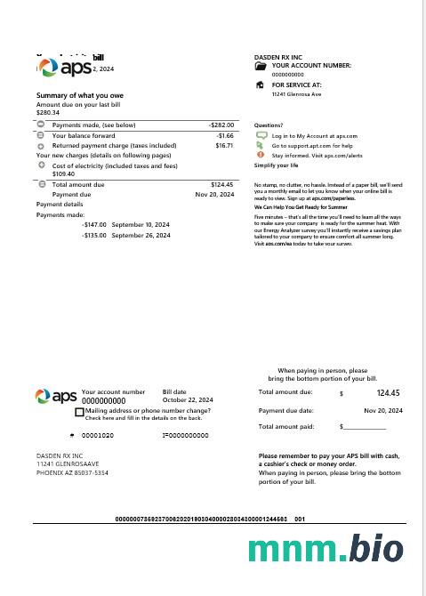 USA Arizona APS electricity proof of address rachunek za usługi komunalne szablon w formatach Word i PDF